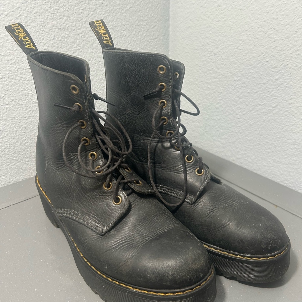 Dr. Martens Shriver Hi Black Leather Lace-Up Platform Moto Boots